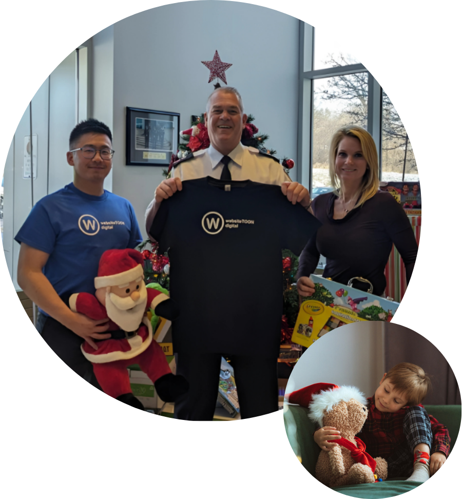 WEBSITETOON supporting York Regional Police Holiday Heroes, with an inset of a child holding a teddy bear