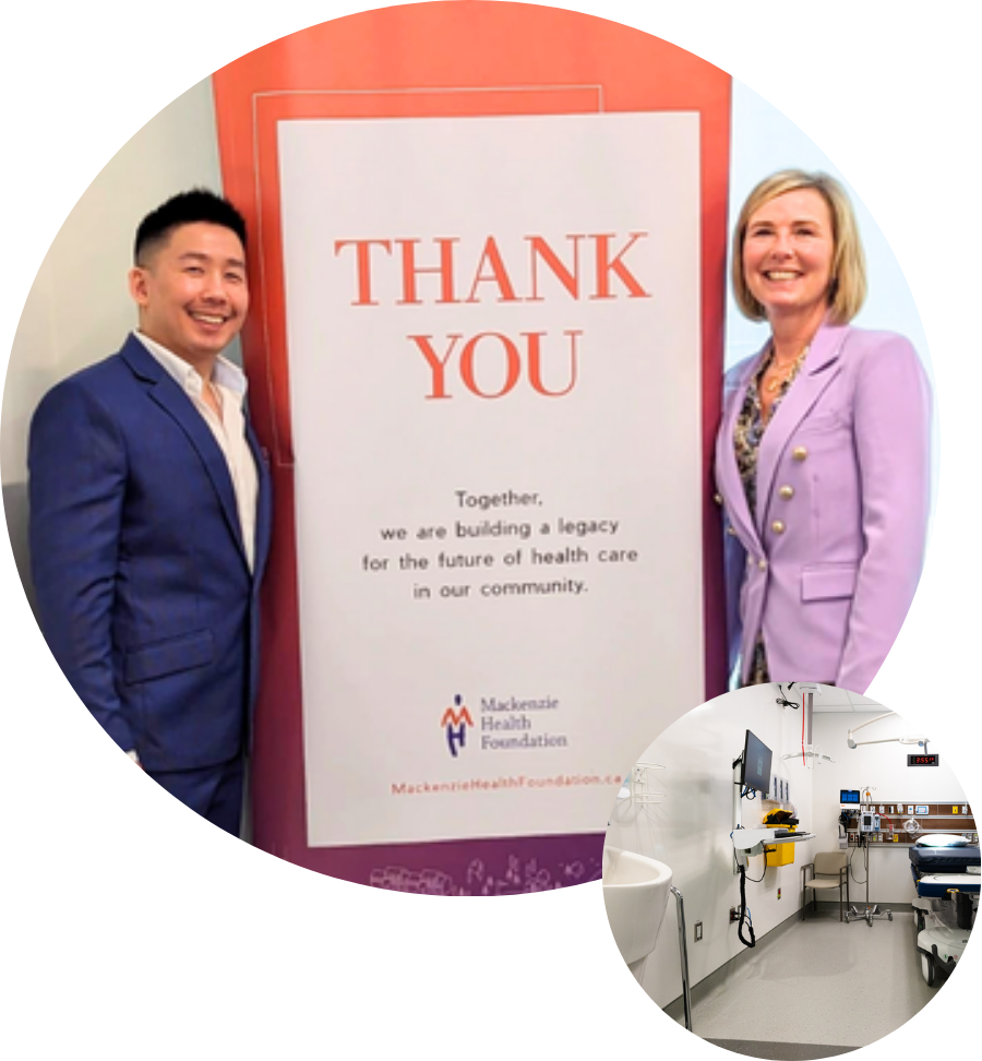 WEBSITETOON hospital sponsorship presentation at Mackenzie Health, with an inset of an emergency room