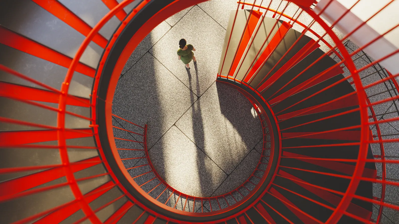 Red spiral staircase representing search visibility and organic growth